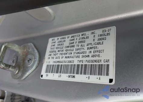 2007 Honda Accord 2.4 Lx from USA, damaged, VIN 1HGCM56407A130603